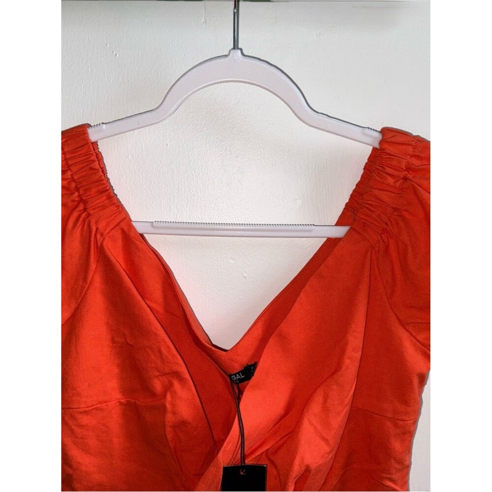 Nasty Gal NWT Linen Puff Sleeve Mini Dress Coral Orange Size 10 Summer Brunch - Picture 5 of 12